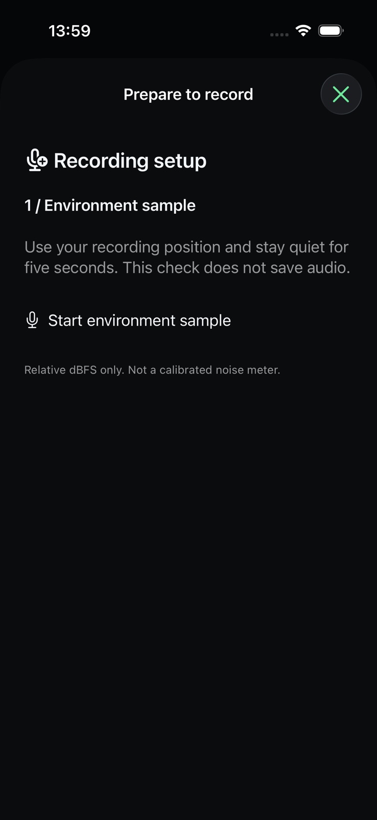 SignalMetric recording setup screen preparing an environment sample